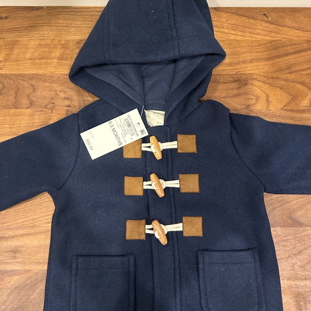 0-3 Months Baby Navy Toggle Coat with Brown Accents